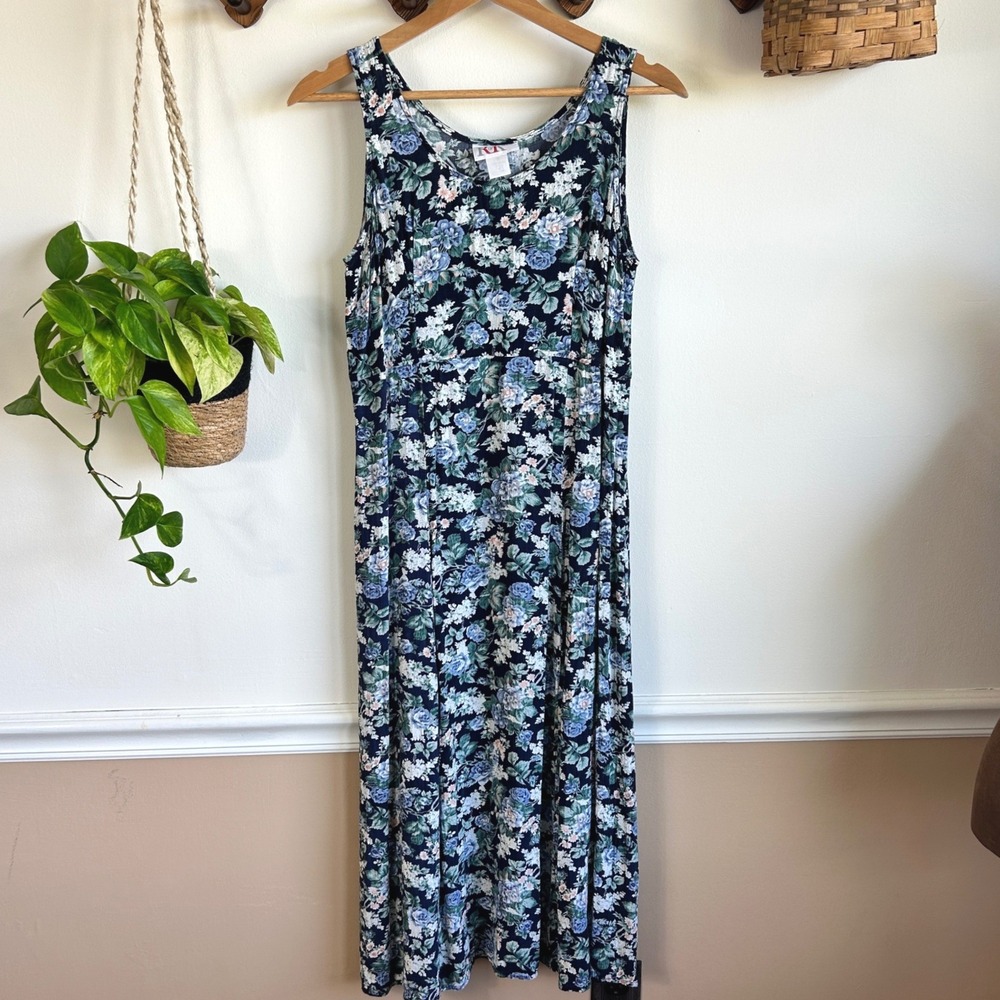 Vintage R&K Originals Floral Maxi Dress Navy Blue Sleeveless Boho Feminine
